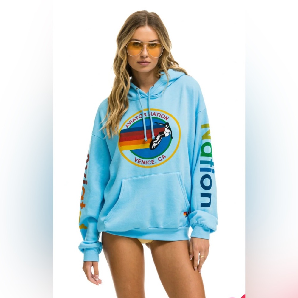 Aviator Nation VENICE relaxed fit pullover unisex hoodie in blue (size small)